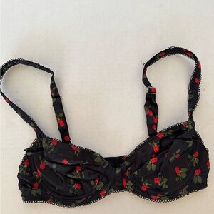 For Love & Lemons Love Song Bra Black Rosebud Print Picot Trim Underwire Small